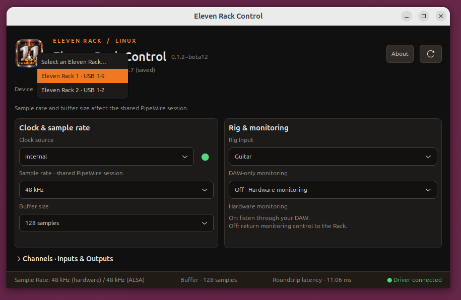Eleven Rack Control showing the device selector, clock, sample rate, buffer size and monitoring settings.